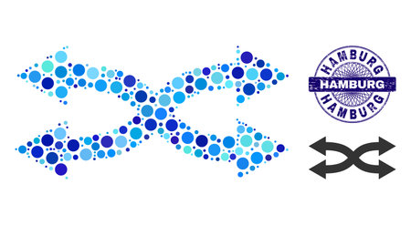 Round dot collage shuffle arrows horizontal icon and HAMBURG round rubber seal. Violet stamp seal includes HAMBURG title inside circle and guilloche ornament.のイラスト素材