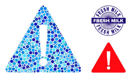 Circle collage warning icon and FRESH MILK round corroded stamp. Blue stamp seal includes FRESH MILK title inside circle and guilloche pattern. Vector collage is based on warning iconのイラスト素材