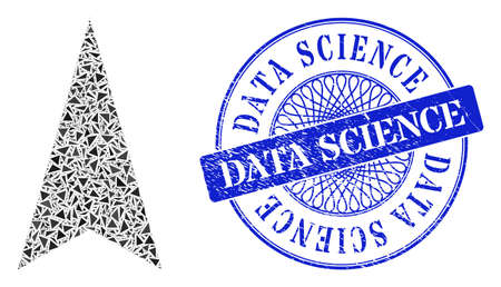 Arrowhead up mosaic of triangle items, and Data Science rubber seal imitation. Blue seal contains Data Science tag inside round form. Vector arrowhead up mosaic is formed of random triangle parts.のイラスト素材