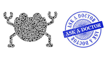 Artificial nanobot collage of triangle items, and Ask a Doctor scratched stamp. Blue stamp seal has Ask a Doctor text inside round form.のイラスト素材