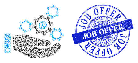 Mechanics service collage of triangle particles, and Job Offer textured stamp seal. Blue stamp seal has Job Offer text inside circle form.のイラスト素材