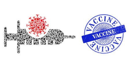 Virus vaccine mosaic of triangle items, and Vaccine rubber seal imitation. Blue stamp seal includes Vaccine tag inside round form. Vector virus vaccine mosaic is made of random triangle parts.のイラスト素材