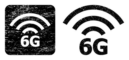 Vector 6G radio source carved icon. Grunge 6G radio source seal stamp, done from icon and rounded square. Rounded square stamp include 6G radio source empty space inside.のイラスト素材
