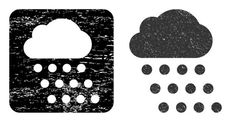 Vector rain cloud subtracted icon. Grunge rain cloud seal, done from icon and rounded square. Rounded square stamp seal have rain cloud subtracted shape inside. Vector rain cloud rubber images.のイラスト素材