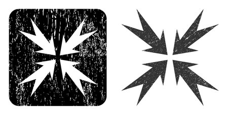 Vector compression arrows hole pictogram. Grunge compression arrows seal stamp, done from icon and rounded square. Rounded square stamp seal have compression arrows hole inside.のイラスト素材