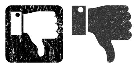 Vector thumb down subtracted icon. Grunge thumb down seal, done with icon and rounded square. Rounded square seal include thumb down subtracted shape inside. Vector thumb down rubber images.のイラスト素材