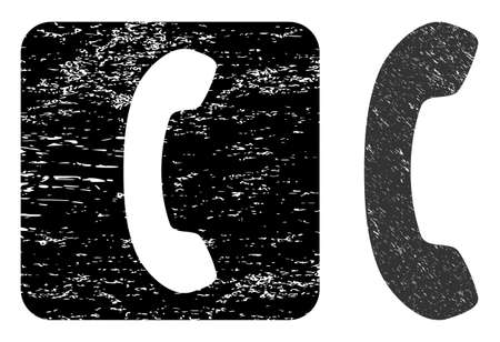 Vector phone receiver stencil icon. Grunge phone receiver seal stamp, done from icon and rounded square. Rounded square stamp seal have phone receiver subtracted shape inside.のイラスト素材