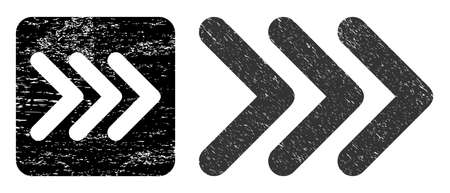 Vector triple arrowhead right stencil icon. Grunge triple arrowhead right seal stamp, done from icon and rounded square. Rounded square stamp contain triple arrowhead right carving inside.のイラスト素材