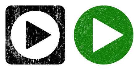 Vector play button hole icon. Grunge play button seal stamp, done from icon and rounded square. Rounded square stamp have play button subtracted shape inside. Vector play button grunge images.のイラスト素材