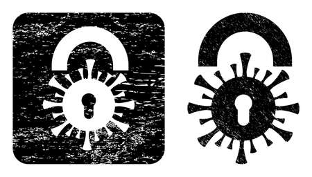 Vector viral lockdown hole icon. Grunge viral lockdown seal stamp, done with icon and rounded square. Rounded square stamp seal have viral lockdown cut out shape inside.のイラスト素材