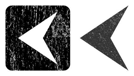 Vector arrowhead left hole icon. Grunge arrowhead left seal stamp, done from icon and rounded square. Rounded square stamp seal have arrowhead left subtracted shape inside.のイラスト素材