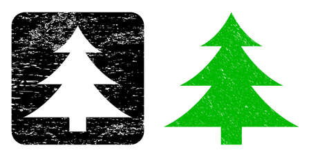Vector fir-tree subtracted icon. Grunge fir-tree stamp, done with icon and rounded square. Rounded square stamp seal have fir-tree hole inside. Vector fir-tree grunge images.のイラスト素材