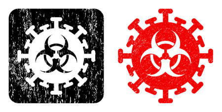 Vector hazard virus subtracted icon. Grunge hazard virus stamp, done with icon and rounded square. Rounded square stamp seal include hazard virus hole inside. Vector hazard virus grunge images.のイラスト素材
