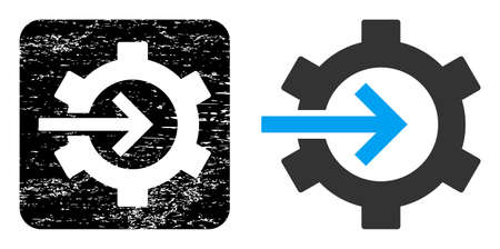 Vector cog integration subtracted icon. Grunge cog integration stamp, done from icon and rounded square. Rounded square seal have cog integration subtracted shape inside.のイラスト素材