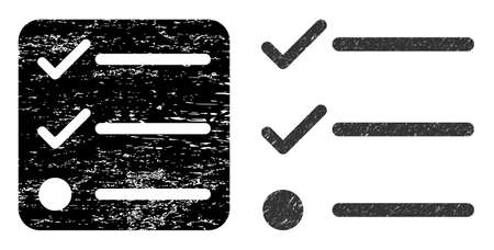 Vector checklist subtracted icon. Grunge checklist seal, done from icon and rounded square. Rounded square seal have checklist empty space inside. Vector checklist grunge images.のイラスト素材