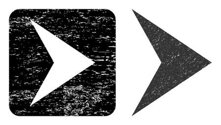 Vector arrowhead right subtracted icon. Grunge arrowhead right seal stamp, done with icon and rounded square. Rounded square seal include arrowhead right carving inside.のイラスト素材