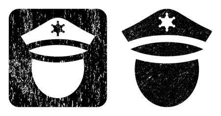 Vector police head carved icon. Grunge police head seal, done from icon and rounded square. Rounded square stamp seal contain police head cut out shape inside. Vector police head grunge images.のイラスト素材