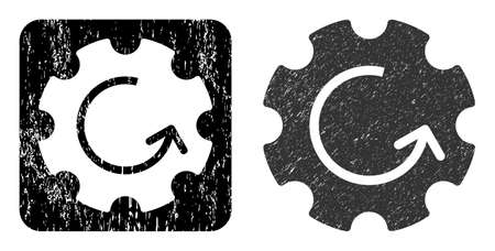 Vector gear rotation subtracted icon. Grunge gear rotation seal stamp, done from icon and rounded square. Rounded square stamp contain gear rotation subtracted shape inside.のイラスト素材