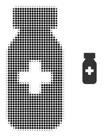 Medical vial halftone dotted vector. Medical vial vector icon mosaic is done with halftone pattern which contains circle dots.のイラスト素材