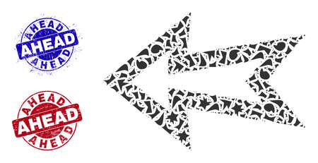 Round AHEAD unclean stamp seals with text inside round shapes, and spall mosaic arrow left icon. Blue and red stamp seals includes AHEAD text. Arrow left mosaic icon of debris elements.のイラスト素材