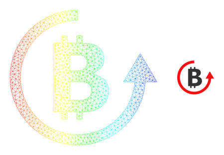 Spectral colorful mesh bitcoin refund. Vector model created from bitcoin refund icon. Colorful carcass mesh icon.のイラスト素材