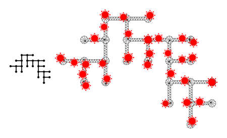Mesh binary circuit in infection style. Mesh carcass binary circuit image in low poly style with connected linear items and red infection items.のイラスト素材