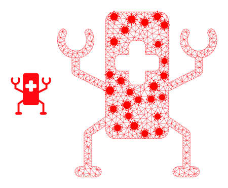 Net medical nanobot in outbreak style. Mesh wireframe medical nanobot image in lowpoly style with combined linear items and red coronavirus items.のイラスト素材