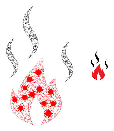 Mesh fire smoke with lockdown style. Polygonal wireframe fire smoke image in low poly style with structured linear items and red coronavirus items.のイラスト素材
