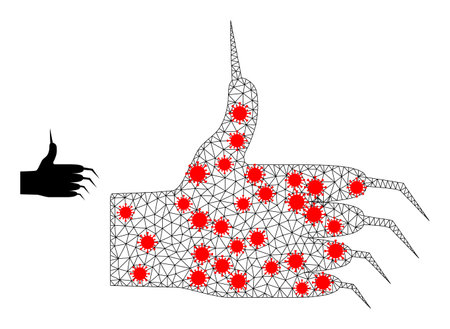 Net monster hand with outbreak style. Mesh carcass monster hand image in lowpoly style with connected linear items and red covid items.のイラスト素材