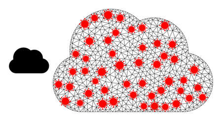 Polygonal cloud with infection style. Polygonal carcass cloud image in lowpoly style with connected lines and red covid items. Vector model is created from cloud with covid items.のイラスト素材