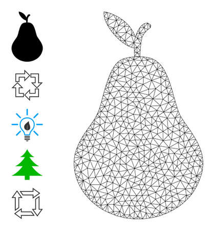Vector pear mesh icon model. Abstract flat mesh pear, designed with triangular grid. Mesh carcass pear icon image in low poly style with combined linear items and similar objects.のイラスト素材