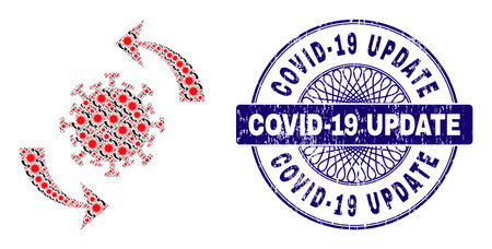 Recursive mosaic coronavirus update and Covid-19 Update round unclean seal. Violet seal includes Covid-19 Update tag inside circle and guilloche pattern.のイラスト素材