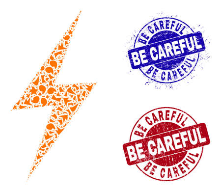 Round BE CAREFUL unclean stamp seals with caption inside round forms, and debris mosaic electric spark icon. Blue and red stamp seals includes BE CAREFUL text.のイラスト素材