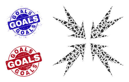 Round GOALS grunge stamp imitations with tag inside circle forms, and fragment mosaic compression arrows icon. Blue and red stamp seals includes GOALS tag.のイラスト素材