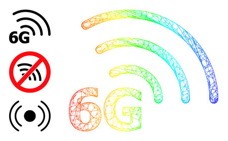 Spectral colored crossing mesh 6G internet. Hatched frame flat net geometric image based on 6G...