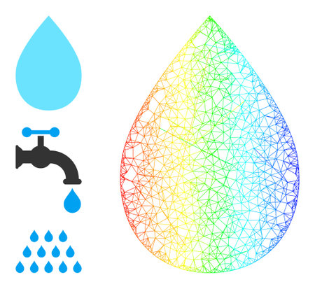 Spectrum colored net mesh water drop. Crossed carcass 2d net geometric symbol based on water drop icon, made with crossed lines. Colored net mesh icon.のイラスト素材