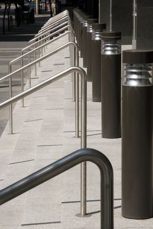 Stairs, handrails, and lightsの写真素材