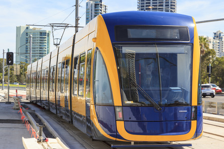 GOLD COAST AUSTRALIA - MARCH 29  Brand new light rail on test run  not yet open for the public , under commissioning at Surfers Paradise on March 29, 2014 Australia のeditorial素材