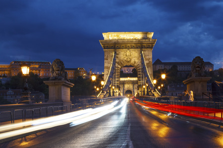 City of Budapest in Hungary night urban scenery, street on the Szechenyi Chain Bridge  Hungarian  Szechenyi lanchid   のeditorial素材
