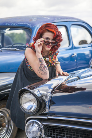  THORNCLIFF CALGARY CANADA, SEPT 13 2014: The annual Show and Shine with Pin Up Girls  \"Cars before 1964\"  was a great success. Not just great vehicles, models but also  live music brig the 60\' back..のeditorial素材
