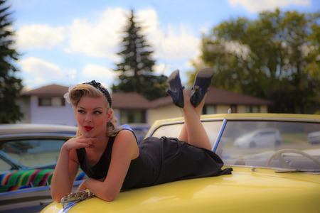  THORNCLIFF CALGARY CANADA, SEPT 13 2014: The annual Show and Shine with Pin Up Girls  \"Cars before 1964\"  was a great success. Not just great vehicles, models but also  live music brig the 60\' back..のeditorial素材