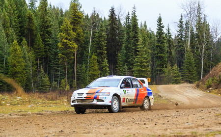 ROCKY MOUNTAIN CANADA - NOV 2 2014:  Canadian Rally Car Championship - the race takes place deep inside the Rocky Mountain  (Day 2) The terrain puts the cars and the drivers to the limit,のeditorial素材