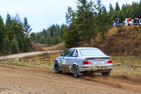 ROCKY MOUNTAIN CANADA - NOV 2 2014:  Canadian Rally Car Championship - the race takes place deep inside the Rocky Mountain  (Day 2) The terrain puts the cars and the drivers to the limit,のeditorial素材