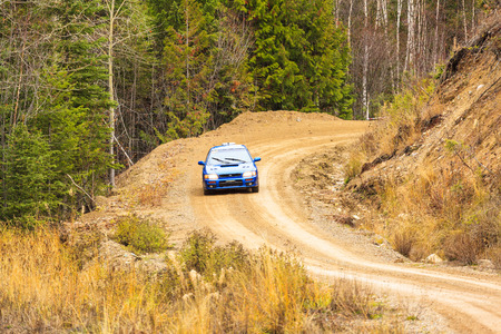 ROCKY MOUNTAIN CANADA - NOV 2 2014:  Canadian Rally Car Championship - the race takes place deep inside the Rocky Mountain  (Day 2) The terrain puts the cars and the drivers to the limit,のeditorial素材