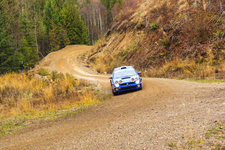 ROCKY MOUNTAIN CANADA - NOV 2 2014:  Canadian Rally Car Championship - the race takes place deep inside the Rocky Mountain  (Day 2) The terrain puts the cars and the drivers to the limit,のeditorial素材