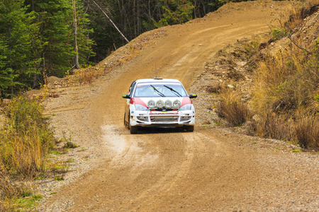 ROCKY MOUNTAIN CANADA - NOV 2 2014:  Canadian Rally Car Championship - the race takes place deep inside the Rocky Mountain  (Day 2) The terrain puts the cars and the drivers to the limit,のeditorial素材