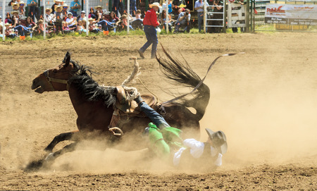 WATER VALLEY CANADA  JUN 6 2015:Unidentified Cowboy participating in the at the Bareback Bronco Water Valley Rodeo.This annual event is important for the rural as well as the sport loving community.のeditorial素材
