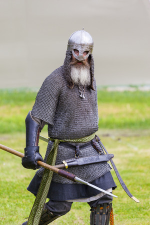 CALGARY CANADA JUN 13 2015: The Military Museum organized "Summer Skirmish" event where an unidentified soldier is seen in a historical Reenactment Battle. Medieval solder in action.のeditorial素材