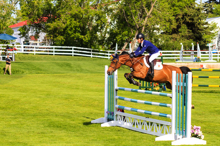 CALGARY CANADA - JUN 7 2015: Unidentified rider in action during the prestige's Spruce Meadows...