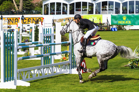 CALGARY CANADA - JUN 7 2015: Unidentified rider in action during the prestige's Spruce Meadows...